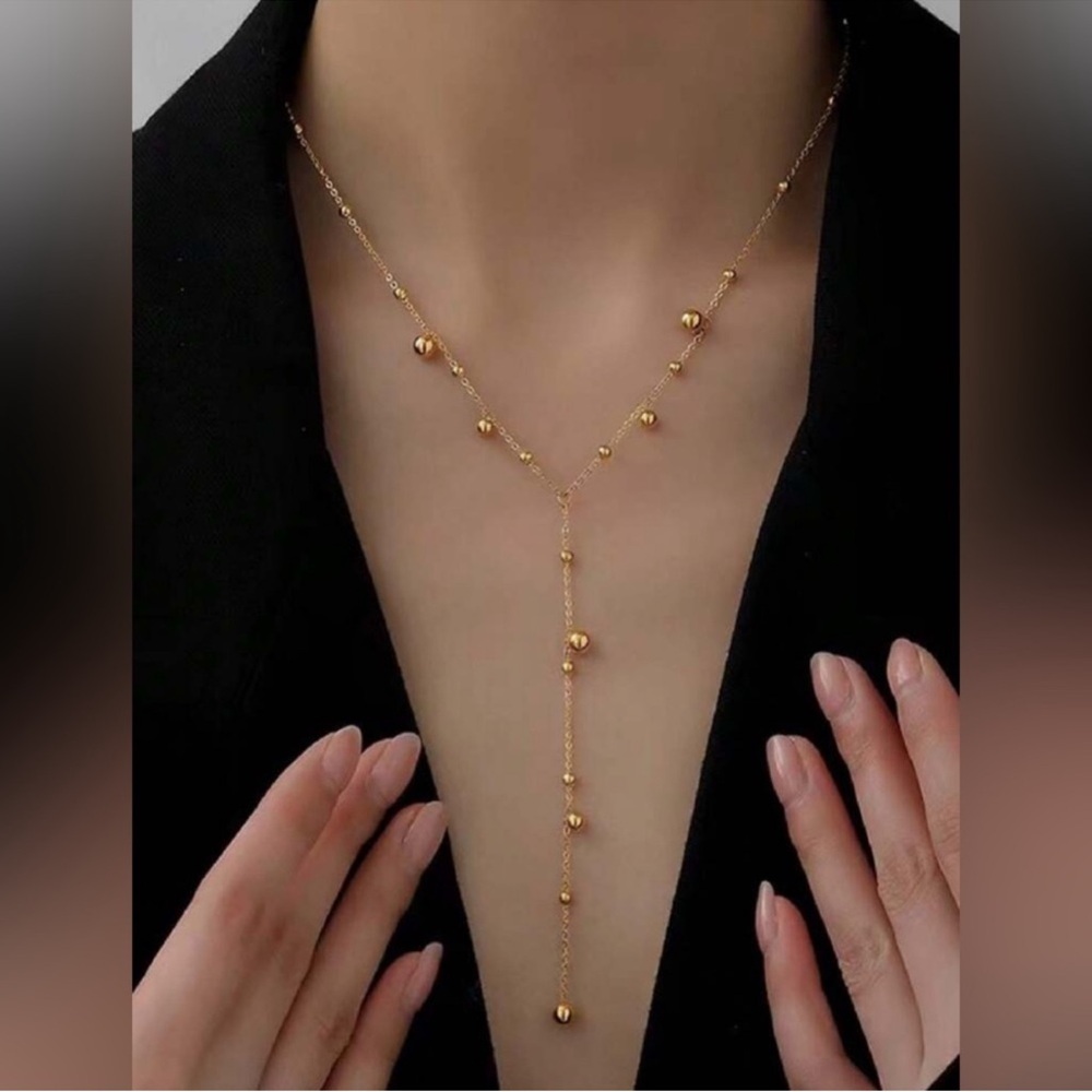 Gold Plated Stainless Steel Beaded Lariat Necklace